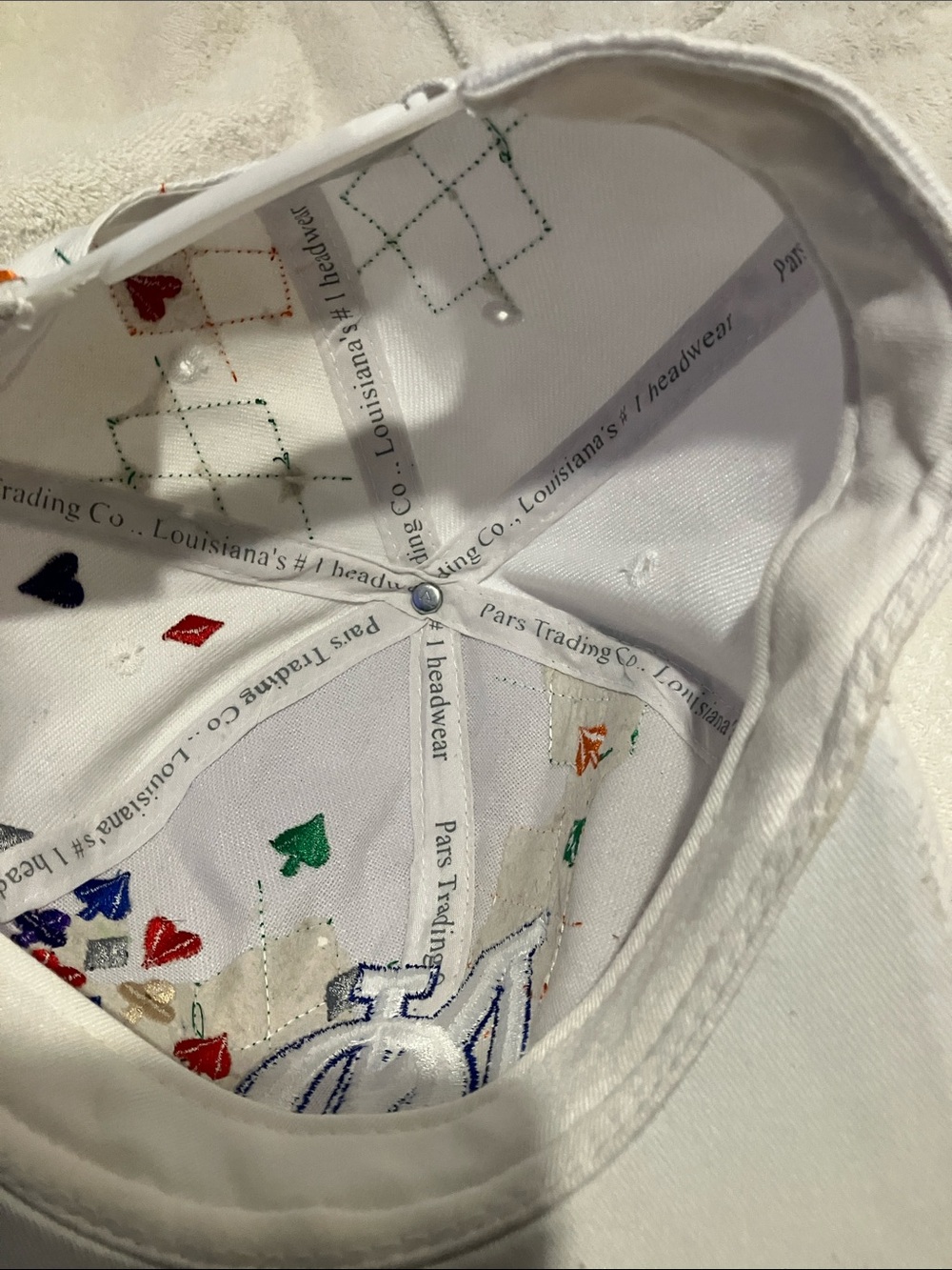 White Snapback Hat with Colorful Card Suit Motif - Picture 2 of 6